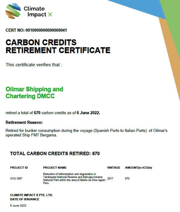 Carbon Credit Certificate OILMAR